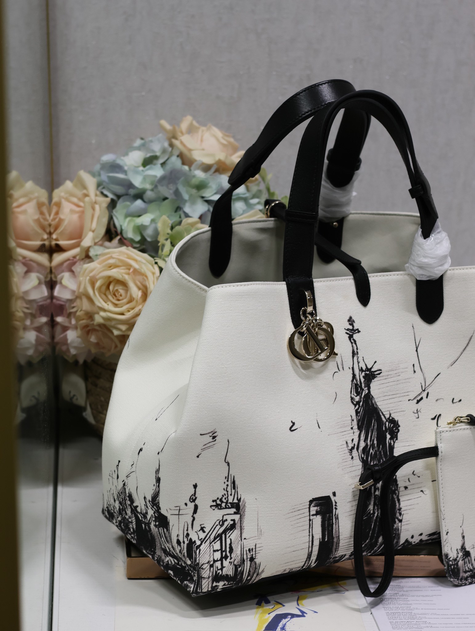 Large Dior Toujours Bag Latte and Black Canvas with New York Print